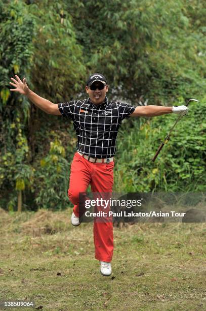 Angelo Que of the Philippines jumps for the camera during the Pro am event ahead of the ICTSI Philippine Open at Wack Wack Golf and Country Club on...