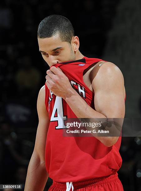 Guard Ty Nurse of the Texas Tech Red Raiders reacts after picking up a foul against the Kansas State Wildcats during the second half on February 7,...