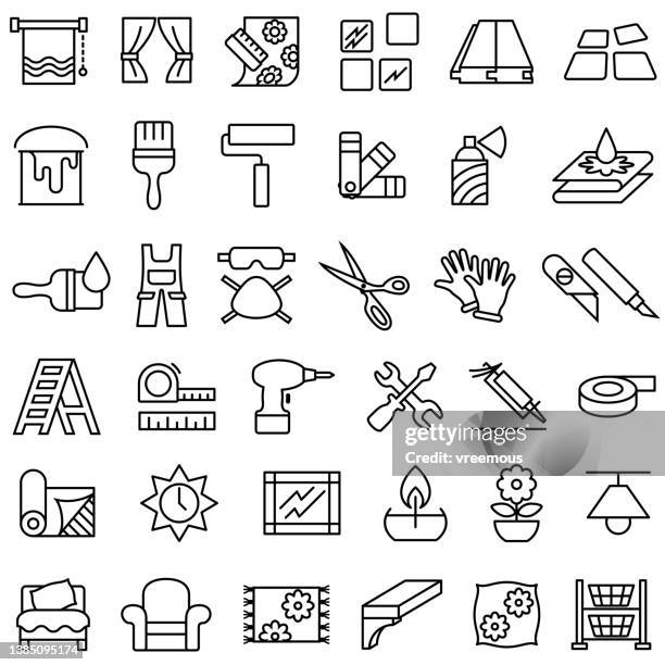 ilustraciones, imágenes clip art, dibujos animados e iconos de stock de iconos de contorno de decoración y mejoras para el hogar - diseñador de interiores