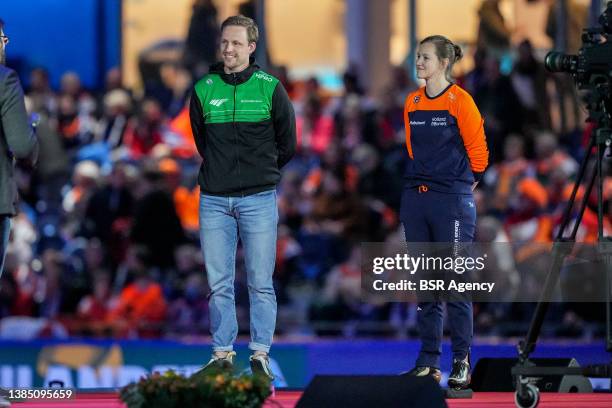 Ronald Mulder of the Netherlands, Lotte van Beek of the Netherlands competing in the Women's 500m during the ISU World Cup Speed Skating Final at the...