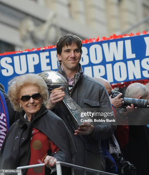 Ann Mara and New York Giants Eli Manning attends the New York Giants Victory Parade following their Super Bowl XLVI win down the Canyon of Heroes on...