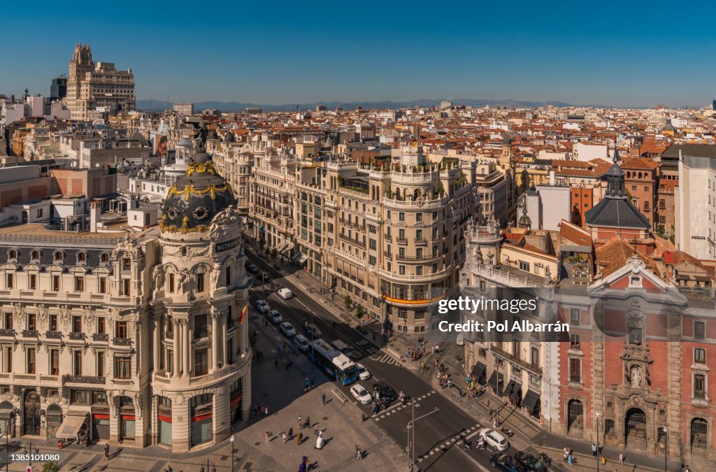 Panoramic view of Gran Via, Madrid, Spain.