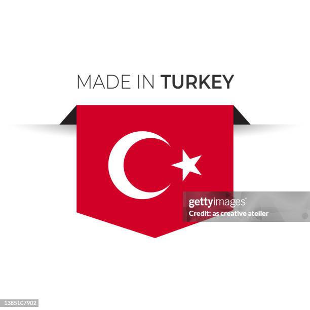 ilustraciones, imágenes clip art, dibujos animados e iconos de stock de hecho en la etiqueta de turquía, emblema del producto. fondo blanco aislado. - bandera turca