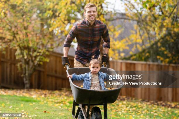 dad giving toddler daughter a ride in a wheelbarrow - child housework stock pictures, royalty-free photos & images