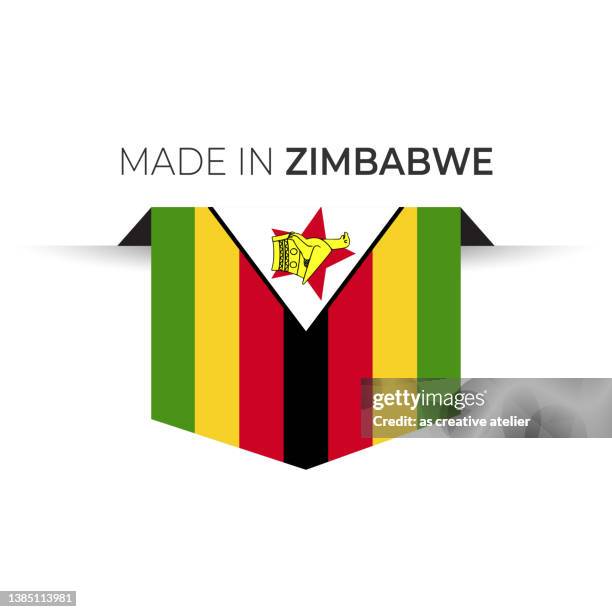 ilustraciones, imágenes clip art, dibujos animados e iconos de stock de hecho en la etiqueta de zimbabwe, emblema del producto. fondo blanco aislado - bandera de zimbabwe