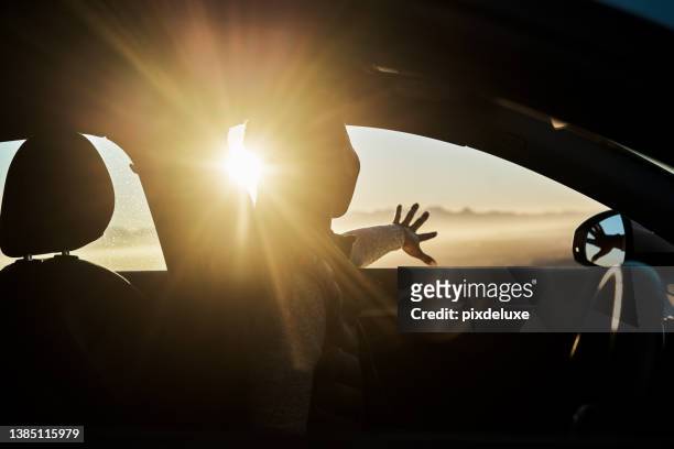 shot of a young woman sticking her hand out of the car window on a road trip - car mountain stock pictures, royalty-free photos & images