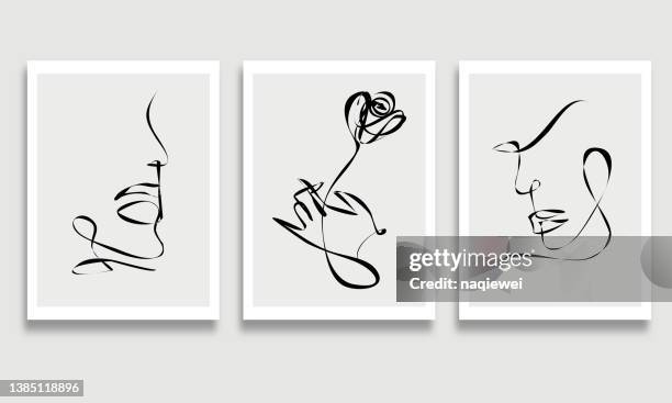 ilustraciones, imágenes clip art, dibujos animados e iconos de stock de vector minimalismo moderno conjunto de ilustración dibujada a mano boceto de una línea arte retrato abstracto de la cara y la mano con flor de rosa patrón hecho a mano para el fondo de la pancarta de la tarjeta de diseño - manos mujer