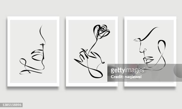 vector modern minimalism set of hand drawning illustration sketch one line art abstract face portrait and hand with rose flower handmade pattern for design card banner background - black and white floral background stock illustrations