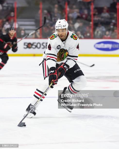Seth Jones of the Chicago Blackhawks skates against the Ottawa Senators during the second period at the Canadian Tire Centre on March 12, 2022 in...