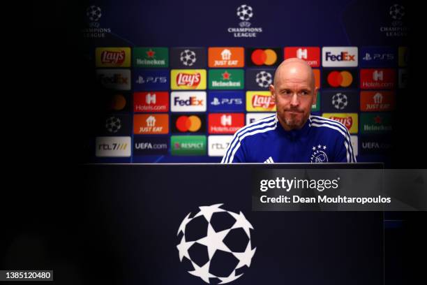 Manager / Head Coach of Ajax, Erik ten Hag speaks to the media during the press conference prior to the training session of AFC Ajax at Johan Cruyff...