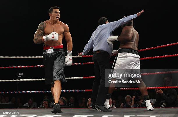 Sonny Bill Williams celebrates winning the Battle for the Belt match between Sonny Bill Williams and Clarence Tillman III at Claudelands Event Centre...