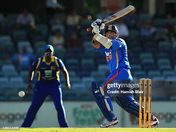 Sachin Tendulkar of India turns the ball to leg during the One Day International match between India and Sri Lanka at WACA on February 8, 2012 in...