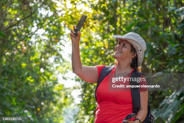 young latin female tourist discovering, hiking, enjoying, feeling free, traveling around the amazon region using her cellphone to take pictures to the birds and wild animals in the middle of the ecuadorian tropical rainforests in some part of the ecuador - ecuador farm stock pictures, royalty-free photos & images