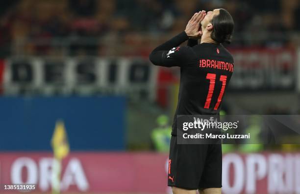 Zlatan Ibrahimovic of AC Milan reacts during the Serie A match between AC Milan and Empoli FC at Stadio Giuseppe Meazza on March 12, 2022 in Milan,...
