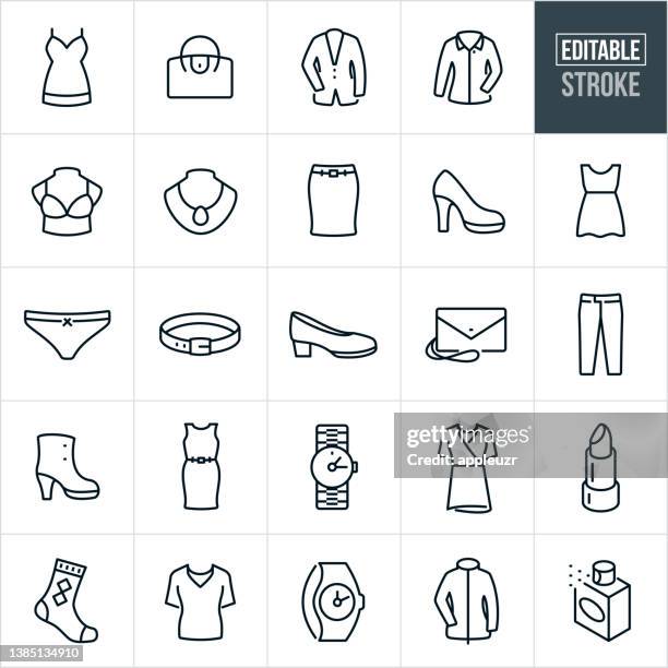 damen-profikleidung thin line icons - editierbarer strich - hemdkleid stock-grafiken, -clipart, -cartoons und -symbole