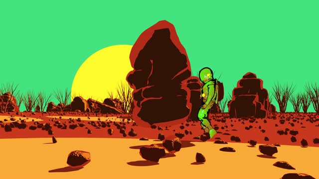 Futuristic cartoon astronaut walking in barren landscape