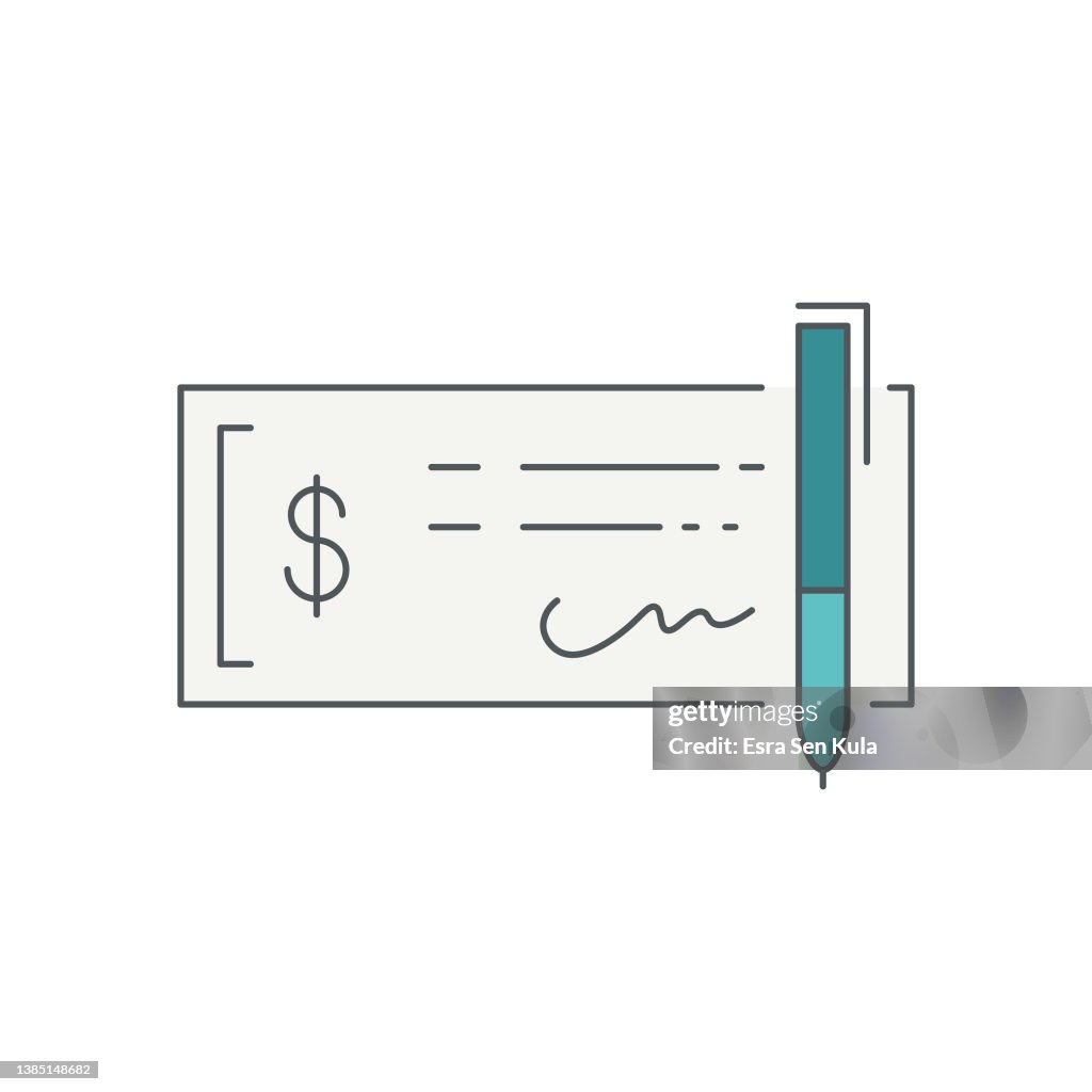 Bank Check Flat Line Icon with Editable Stroke
