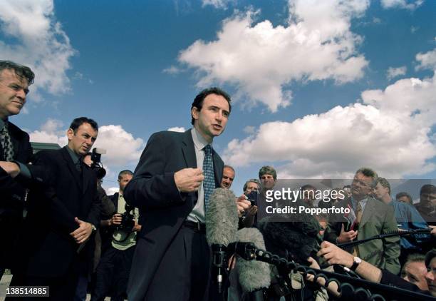 Martin O'Neill announcing that he will remain as manager of Leicester City during a media conference in the car park at Leicester City's Belvoir...