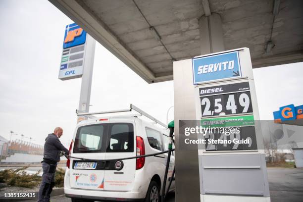 Fuel prices are seen at a petrol station on March 14, 2022 in Turin, Italy. Oil and gas prices are hitting record highs across Europe due to...