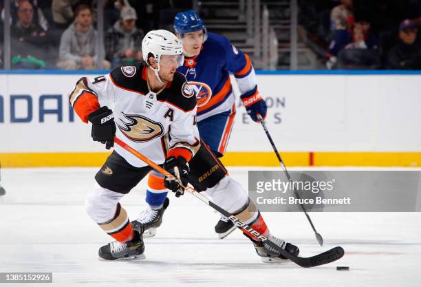 Cam Fowler of the Anaheim Ducks skates against the New York Islanders at the UBS Arena on March 13, 2022 in Elmont, New York.