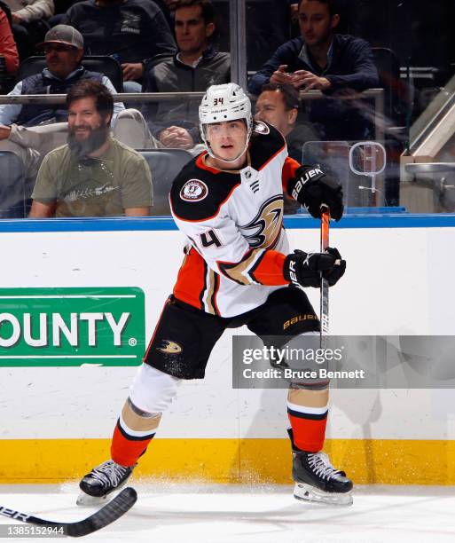 Jamie Drysdale of the Anaheim Ducks skates against the New York Islanders at the UBS Arena on March 13, 2022 in Elmont, New York.
