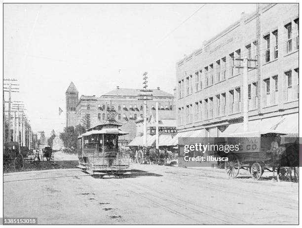 bildbanksillustrationer, clip art samt tecknat material och ikoner med antique travel photographs of california: broadway, los angeles - järnvägsvagn tåg