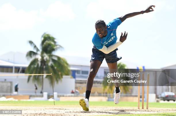 Jofra Archer of England bowls during a nets session at Kensington Oval on March 14, 2022 in Bridgetown, Barbados.