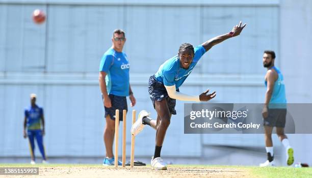 Jofra Archer of England bowls during a nets session at Kensington Oval on March 14, 2022 in Bridgetown, Barbados.