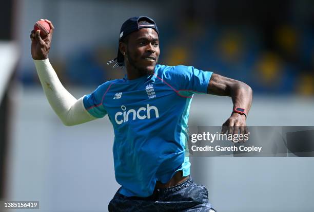 Jofra Archer of England during a nets session at Kensington Oval on March 14, 2022 in Bridgetown, Barbados.