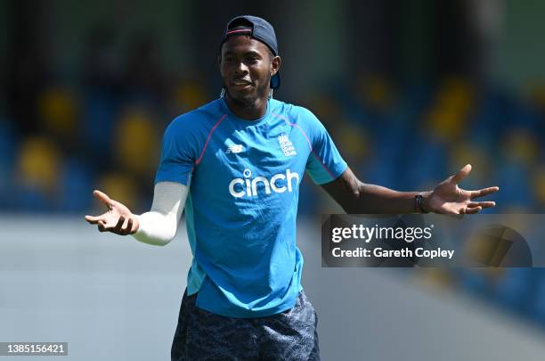 Jofra Archer of England during a nets session at Kensington Oval on March 14, 2022 in Bridgetown, Barbados.