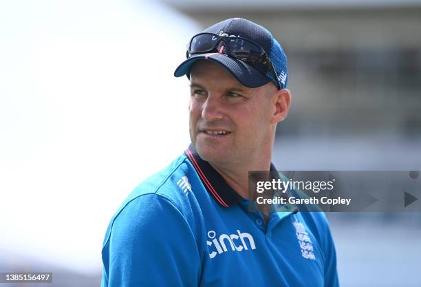 England director of cricket Andrew Strauss during a nets session at Kensington Oval on March 14, 2022 in Bridgetown, Barbados.