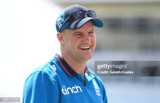 England director of cricket Andrew Strauss during a nets session at Kensington Oval on March 14, 2022 in Bridgetown, Barbados.