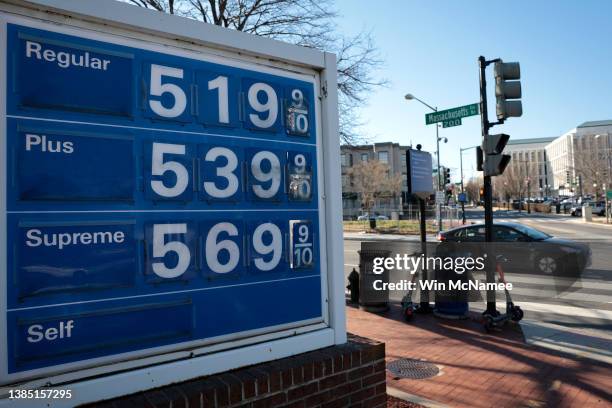 Prices for gas at an Exxon gas station on Capitol Hill are seen March 14, 2022 in Washington, DC. The cost of gasoline continues to rise across the...