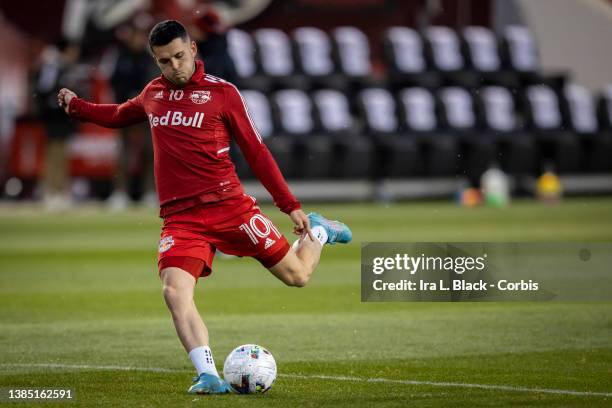 Lewis Morgan of New York Red Bulls takes the shot on goal during warm ups before the match against Minnesota United at Red Bull Arena on March 13,...