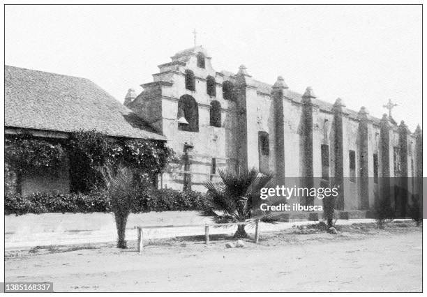 antique travel photographs of california: san gabriel mission church - san gabriel mountains stock illustrations