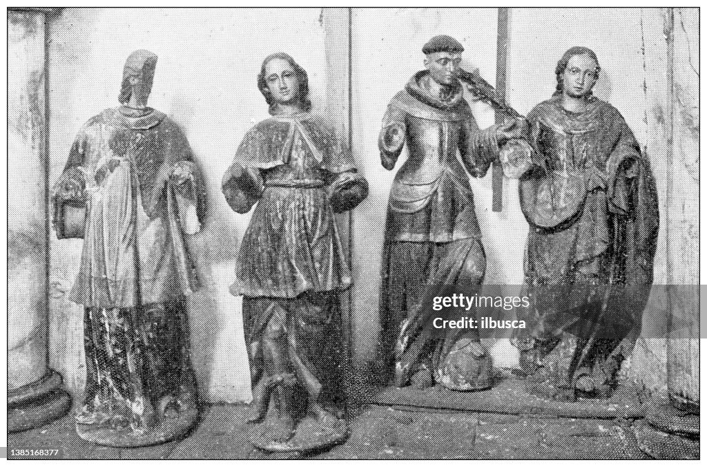 Antique travel photographs of California: San Gabriel Mission Church, Statues