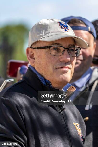 New York Mets owner Steve Cohen talks to the media at spring training camp on March 13, 2022 in Port St. Lucie, Florida.