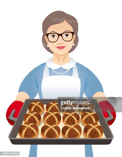 illustrazioni stock, clip art, cartoni animati e icone di tendenza di nonna che tiene un vassoio con panini caldi a croce - torta pasquale