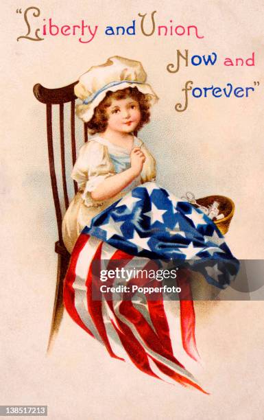 Vintage colour illustration of a young Betsy Ross, the designer of the American flag, wearing a pinafore and mobcap with her sewing basket...