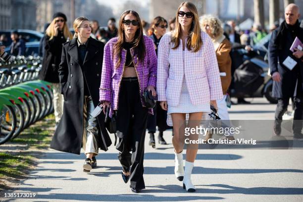 Chloe Harrouche seen wearing checkered purple blazer, cropped top, black pants & Monica de La Villardiere wearing rose jacket, skirt, ankle boots...