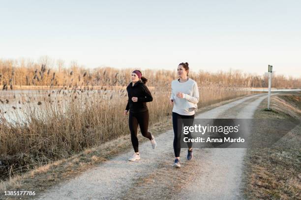 two women running at the waterfront of the donau during sunset in spring. - läuferin stock-fotos und bilder