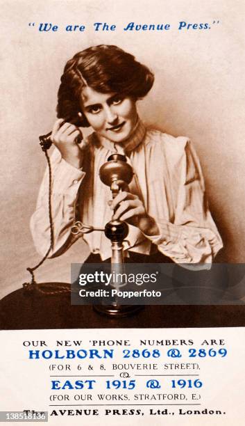 Vintage postcard illustration featuring a young woman using a telephone. The card was produced to advertise the new telephone numbers for The Avenue...