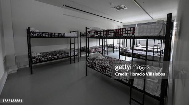 View of tier bunk beds in a dormitory before the arrival of Ukrainian refugees in the Emergency Reception Center on March 14 in Cascais, Portugal....