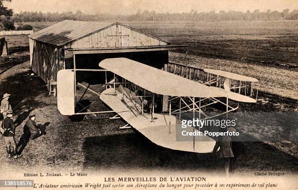 Vintage postcard photograph of the plane of the Wright Brothers, Orville and Wilbur, who are credited with inventing and building the world's first...