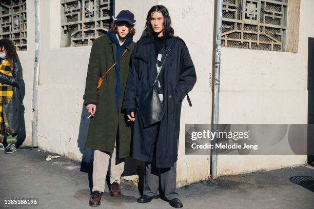 Models Liam Rogers and Branko Roegiest after the Jordanluca show during Milan Men's Fashion Week - Fall/Winter 2022/2023 on January 15, 2022 in...