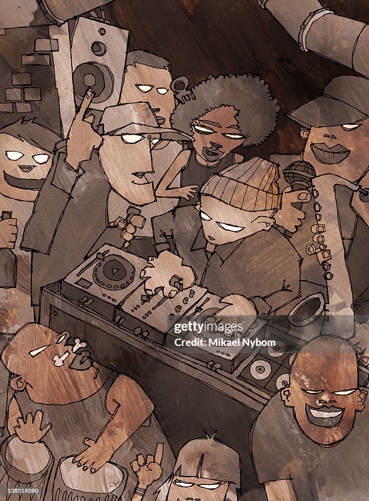 DJ with CD turntables surrounded by people