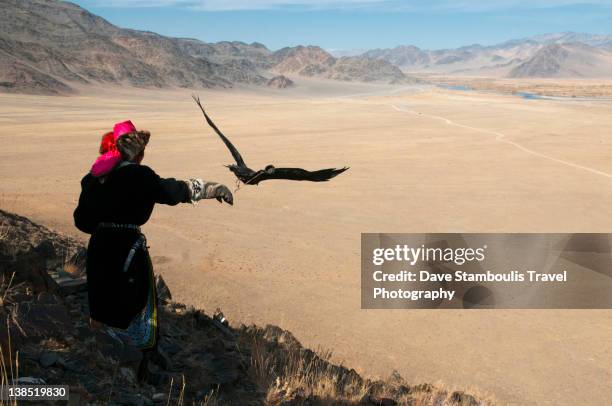 kazakh eagle hunter letting golden eagle fly - kazakhstan man stock pictures, royalty-free photos & images