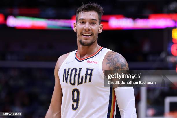 Willy Hernangomez of the New Orleans Pelicans reacts against the Utah Jazz during a game at the Smoothie King Center on March 04, 2022 in New...