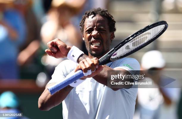 Gael Monfils of France celebrates to the crowd after his three set victory against Daniil Medvedev of Russia in their third round match on Day 8 of...