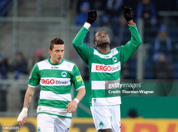 Olivier Ocean of Fuerth celebrates with his team mate Sercan Sararer after scoring his teams first goal during the DFB Cup Quarter Final match...